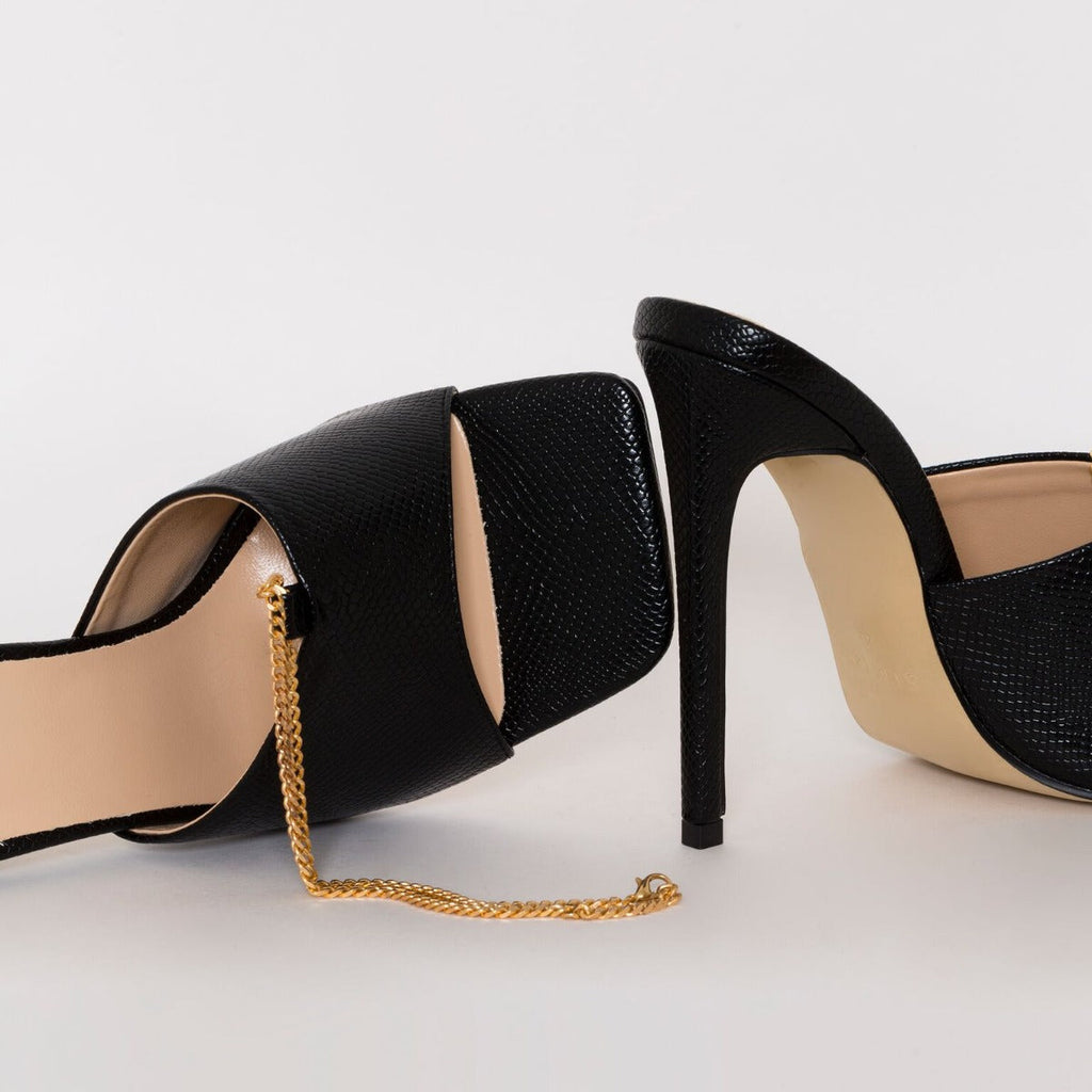 Jamila Black Snake Print Stiletto Mules