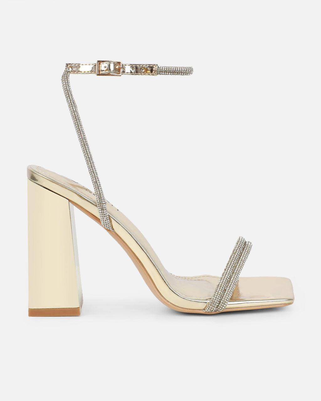 Kinsey Gold Mirror Diamante Block Heeled Sandals
