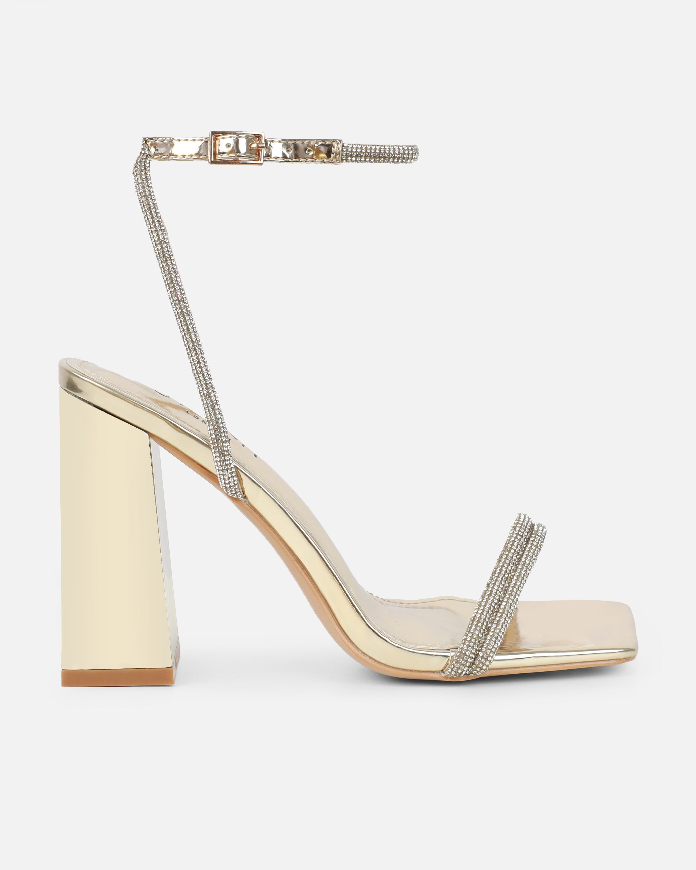 Kinsey Gold Mirror Diamante Block Heeled Sandals