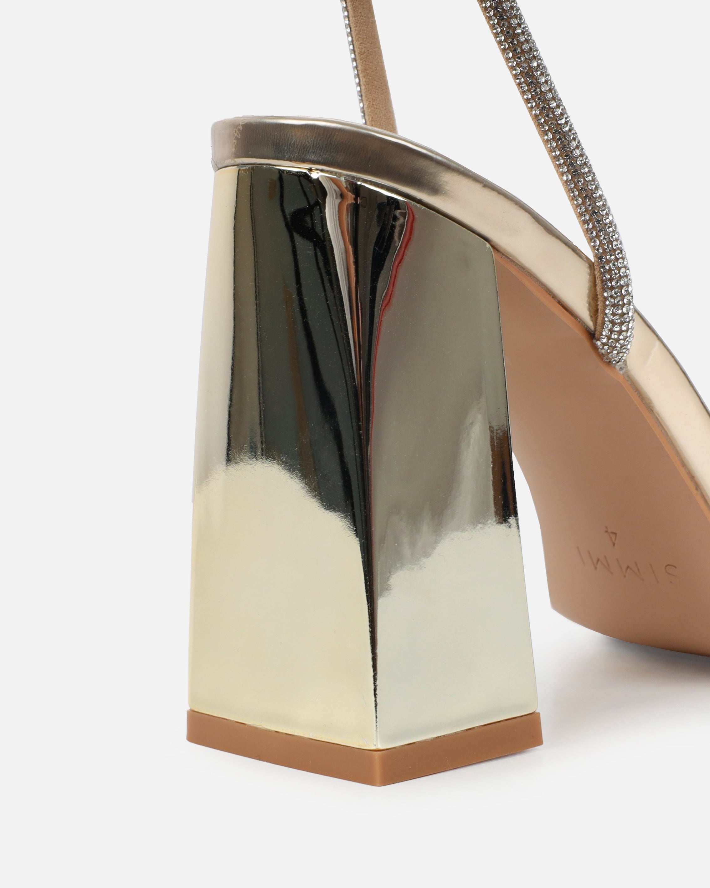 Kinsey Gold Mirror Diamante Block Heeled Sandals