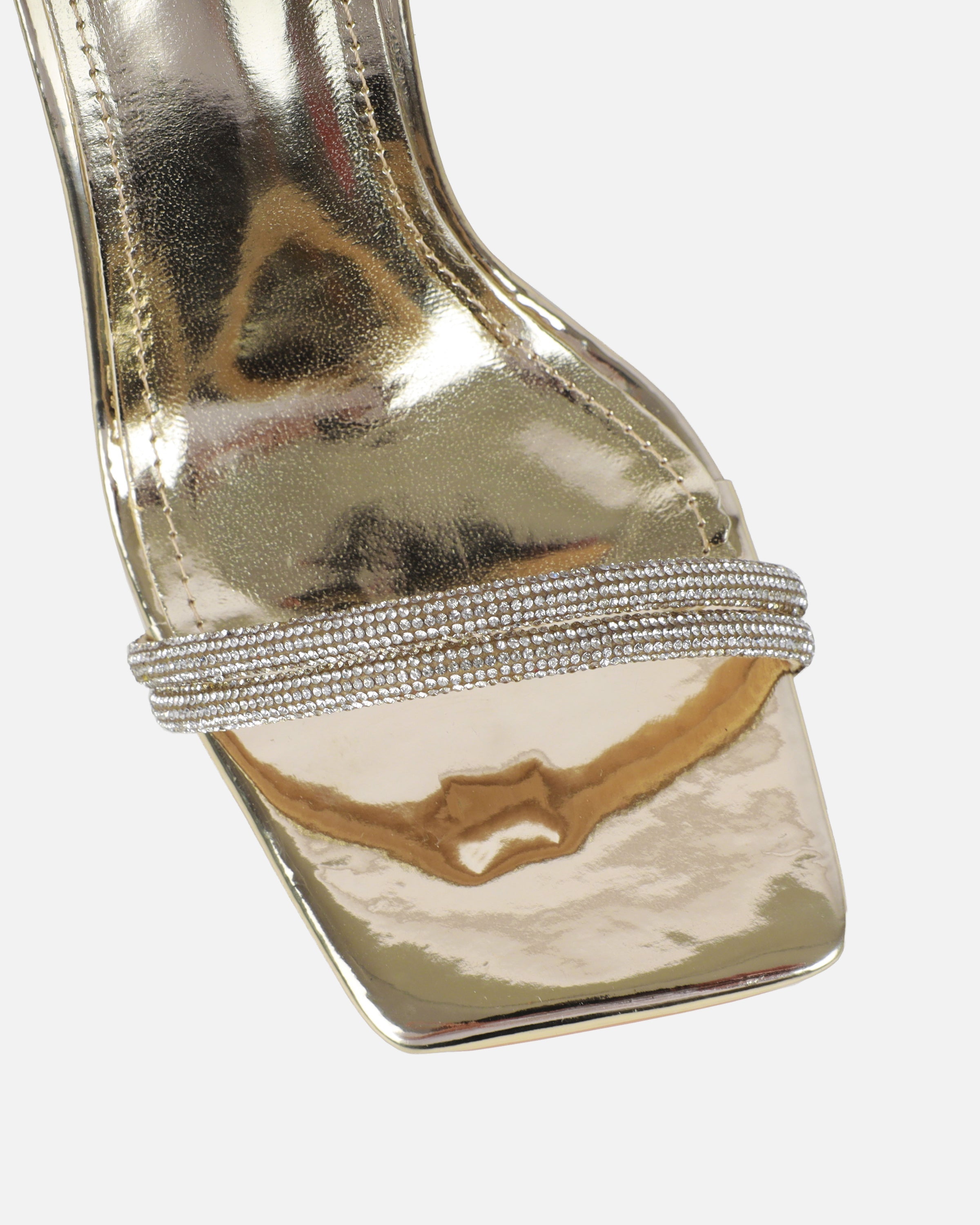 Kinsey Gold Mirror Diamante Block Heeled Sandals