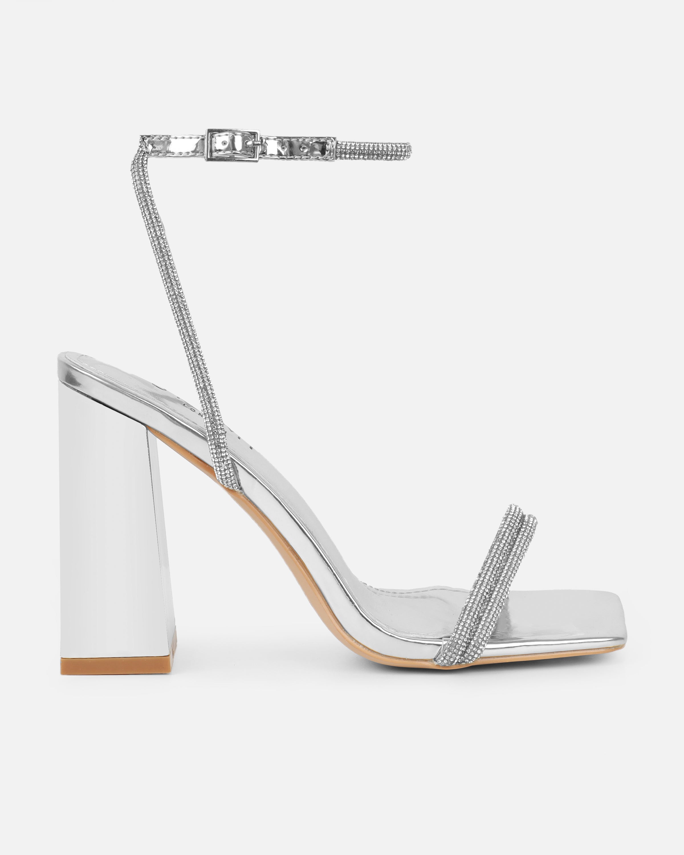Kinsey Silver Mirror Diamante Block Heeled Sandals