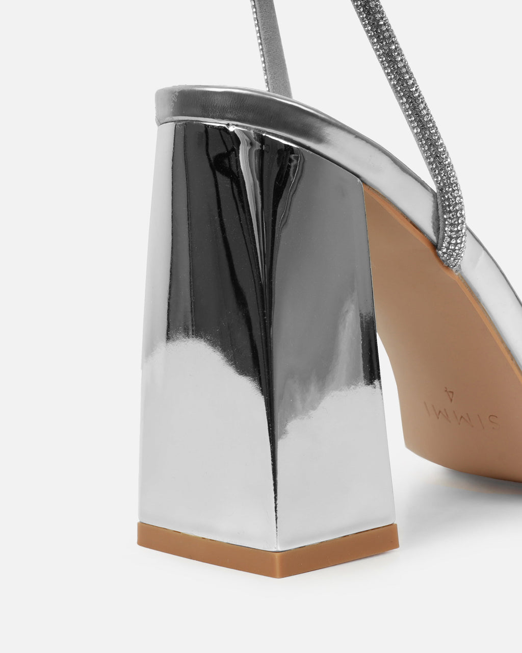 Kinsey Silver Mirror Diamante Block Heeled Sandals