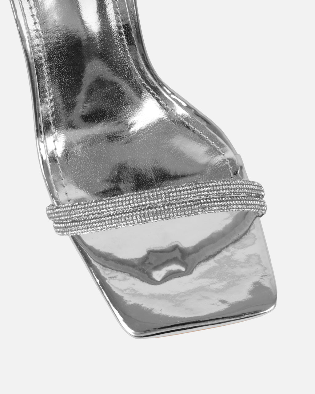 Kinsey Silver Mirror Diamante Block Heeled Sandals