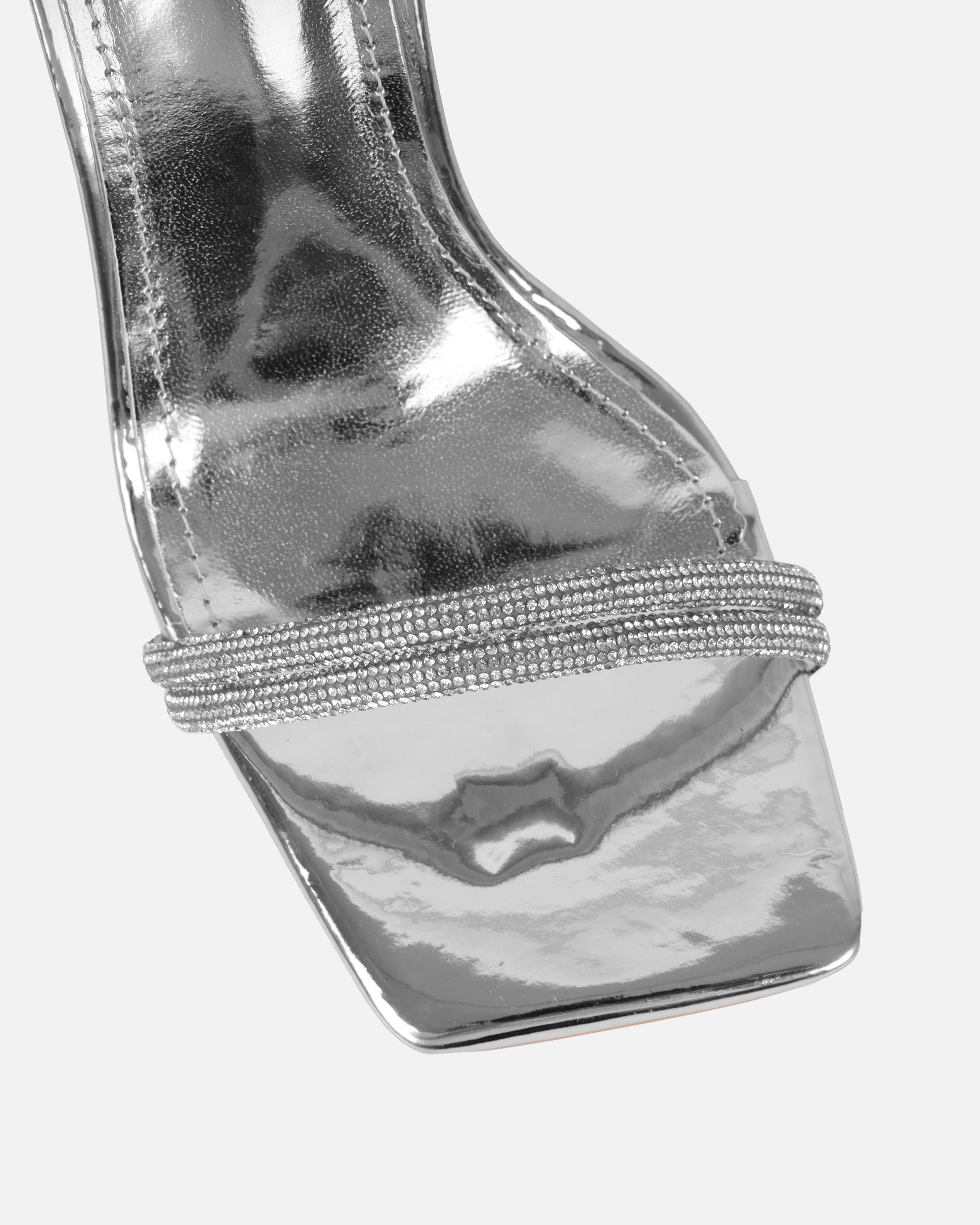 Kinsey Silver Mirror Diamante Block Heeled Sandals