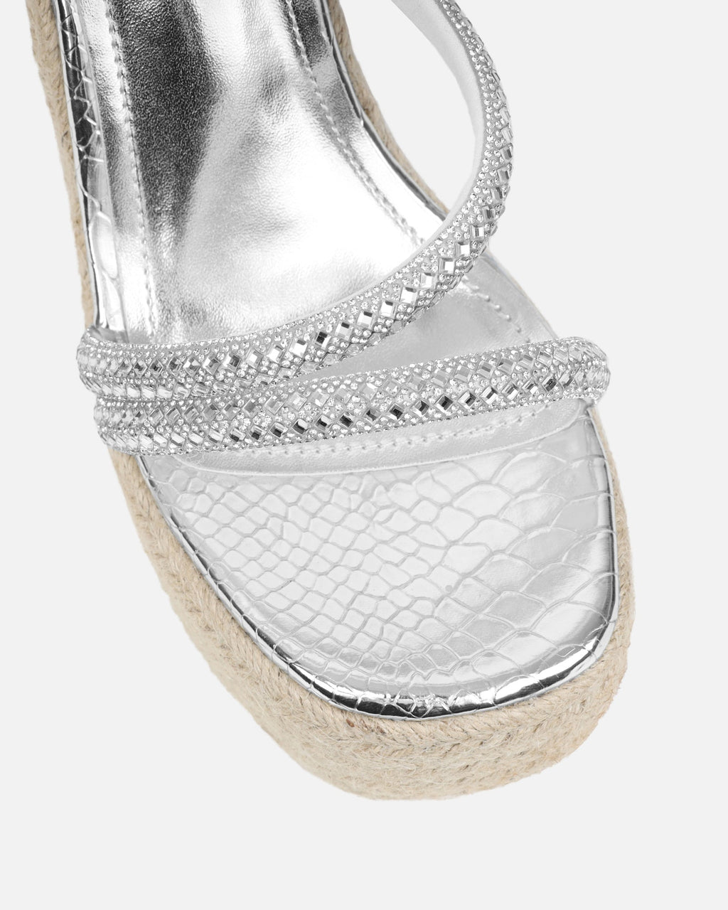 Jama Silver Faux Snake Effect Diamante Espadrille Sandals