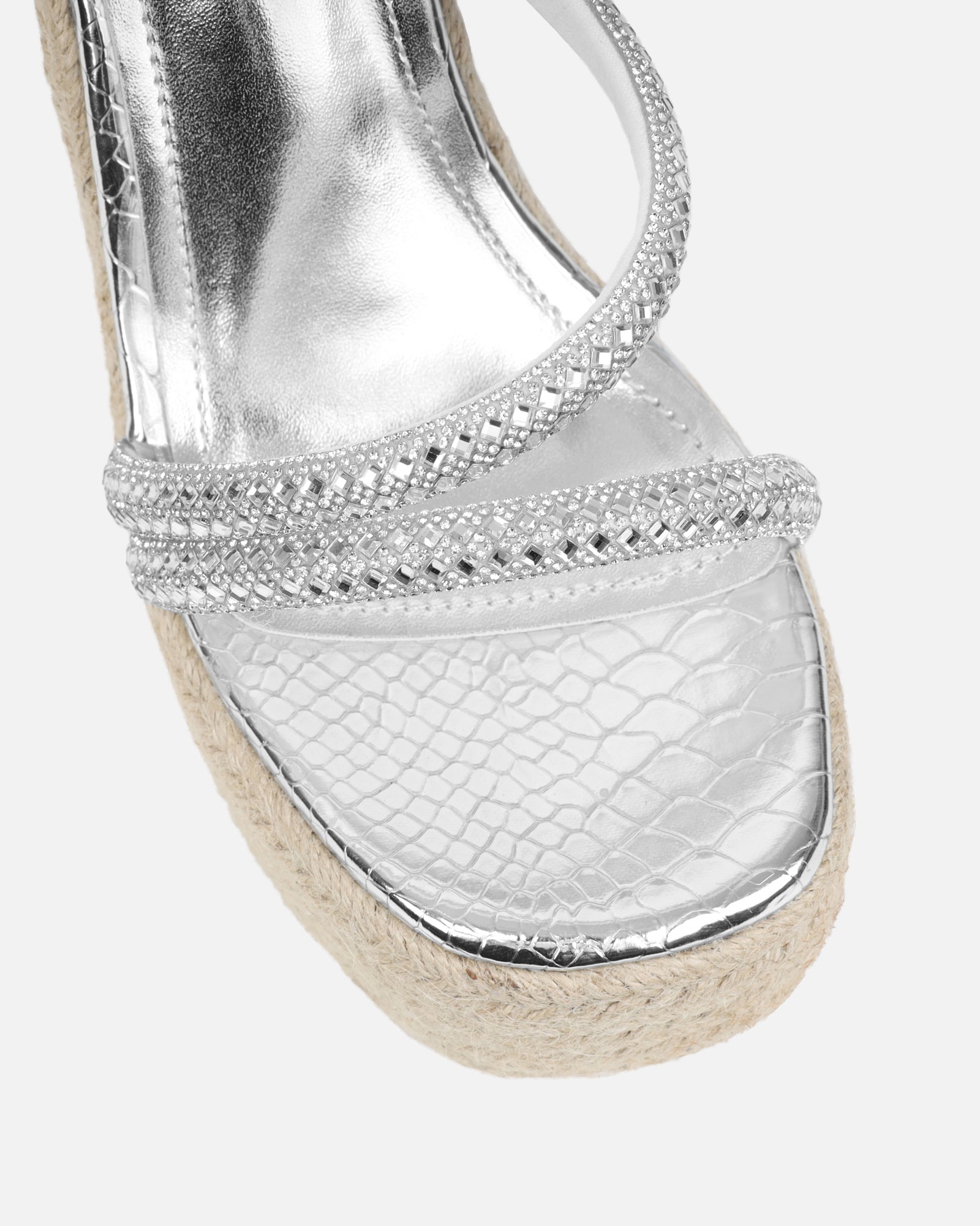 Jama Silver Faux Snake Effect Diamante Espadrille Sandals