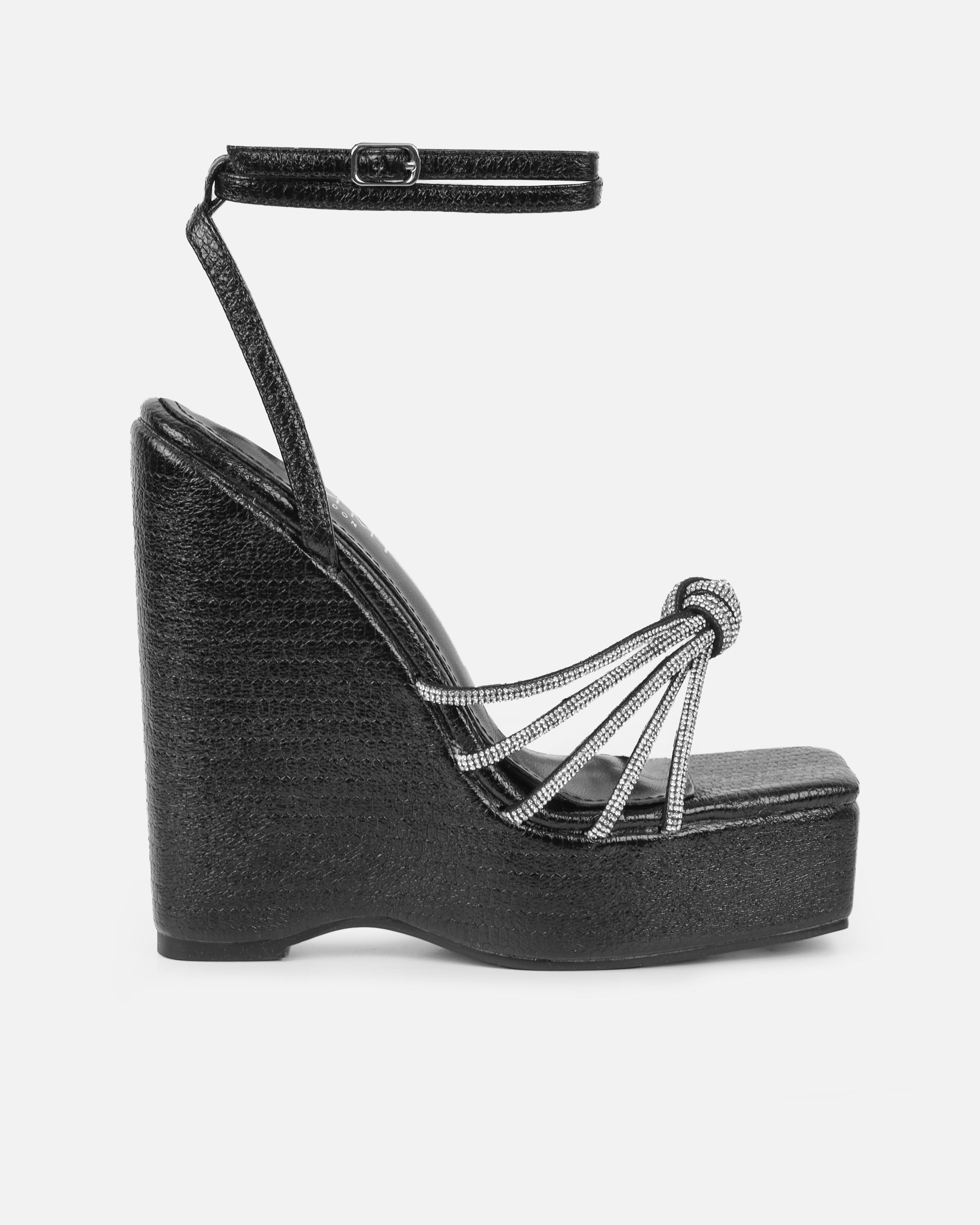 Jayne Black Faux Snake Diamante Wedge Sandals