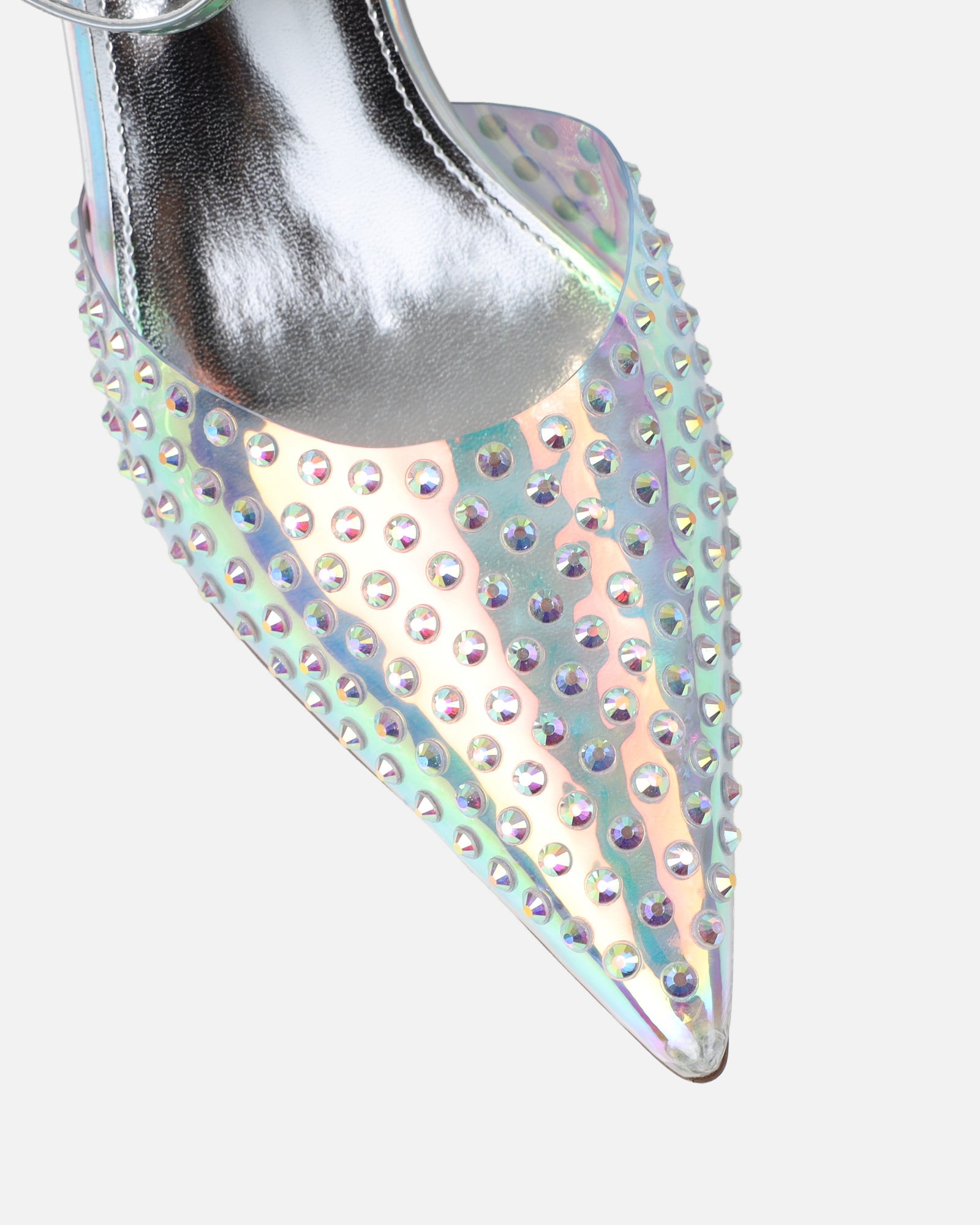 Jazzlyn Clear Silver Iridescent Diamante Mid Heeled Court Shoes
