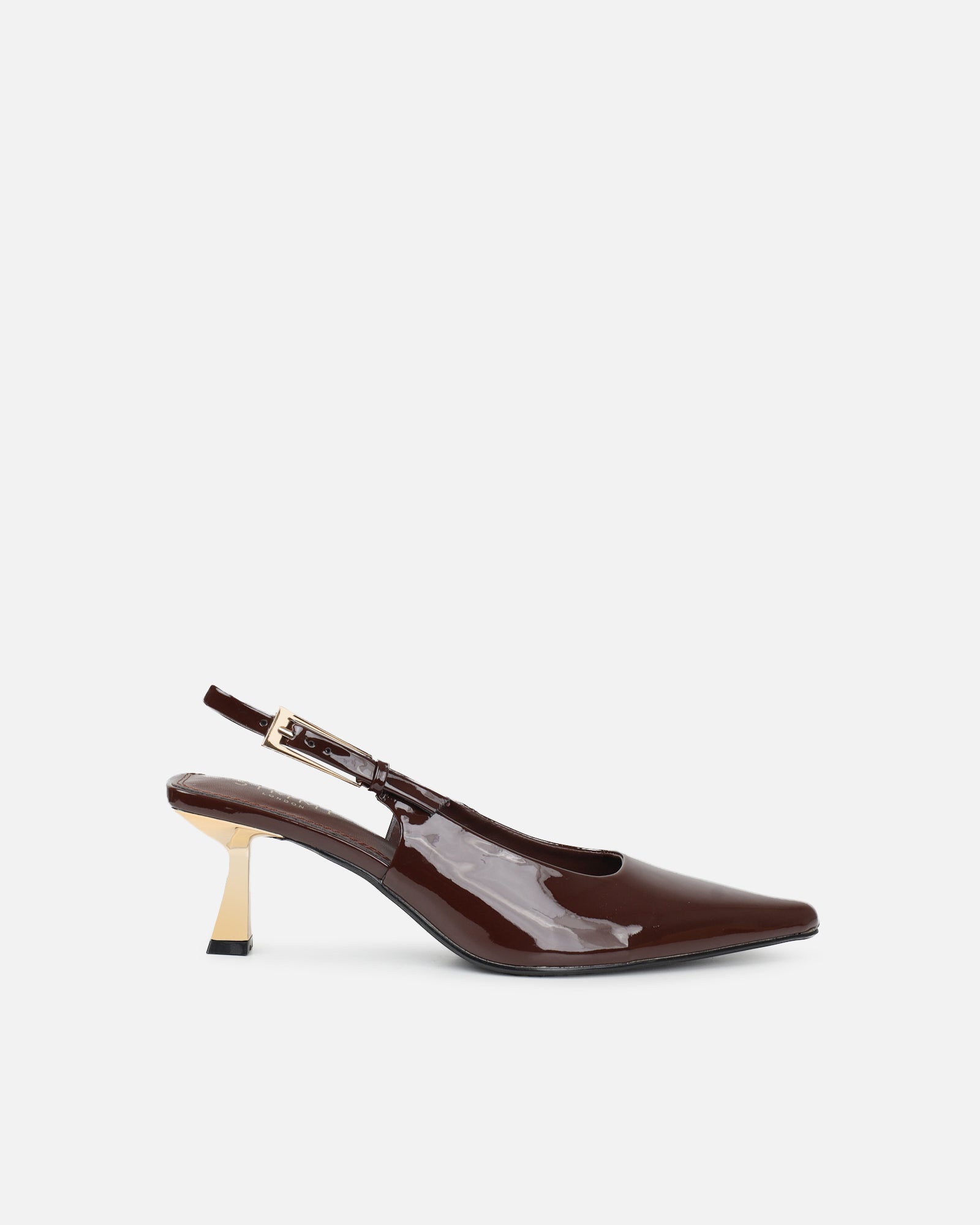 June chocolate brown patent low sling back court shoes