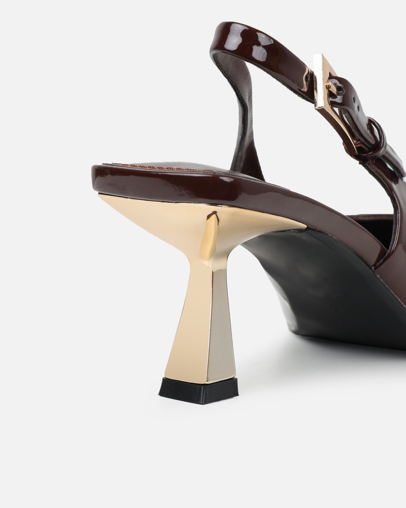 June chocolate brown patent low sling back court shoes