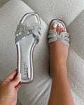 Jorji Silver Mirror Diamante Slip On Flat Sandals