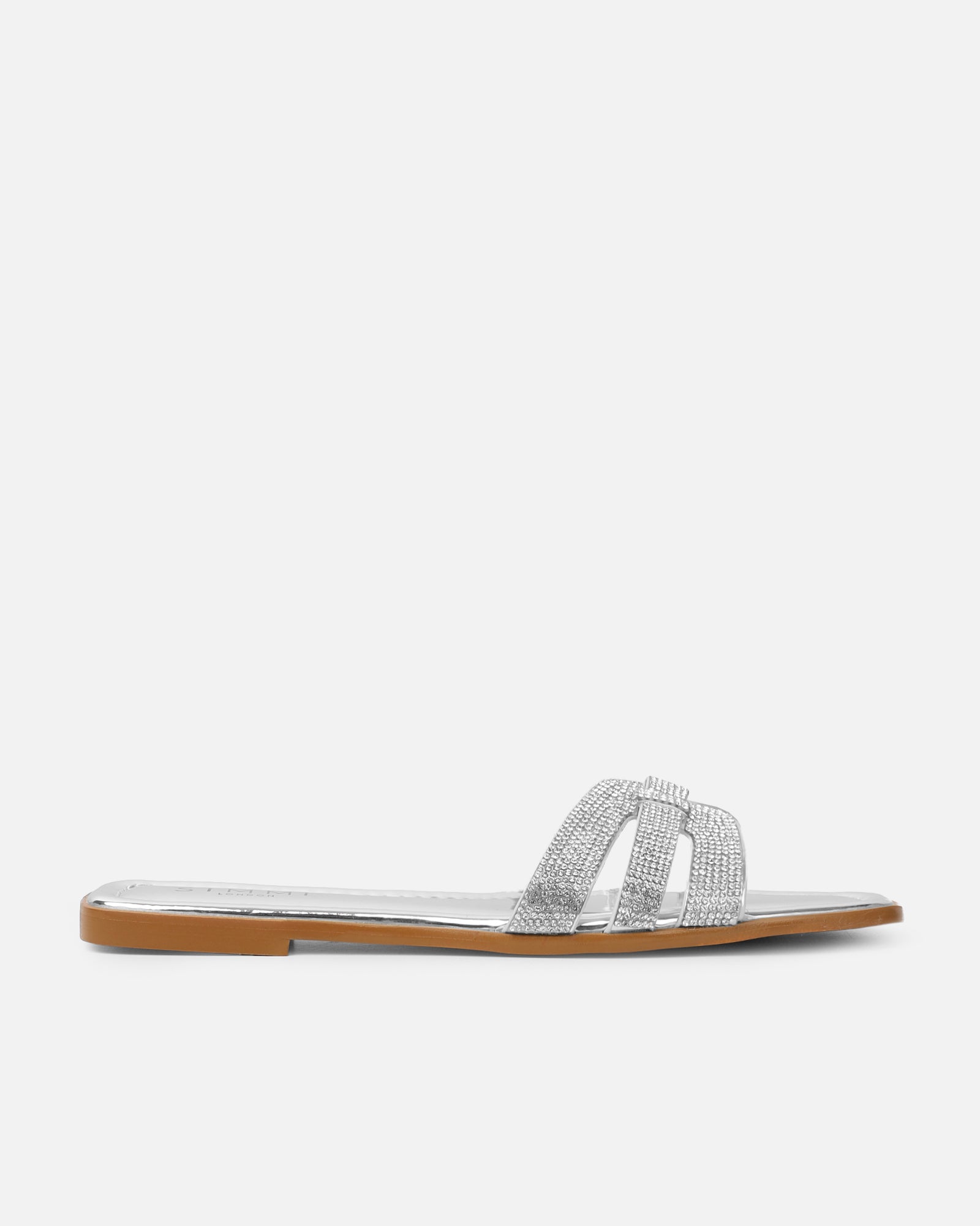 Jorji Silver Mirror Diamante Slip On Flat Sandals