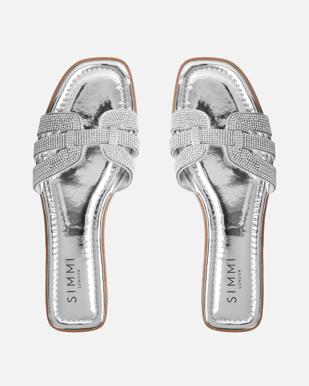 Jorji Silver Mirror Diamante Slip On Flat Sandals