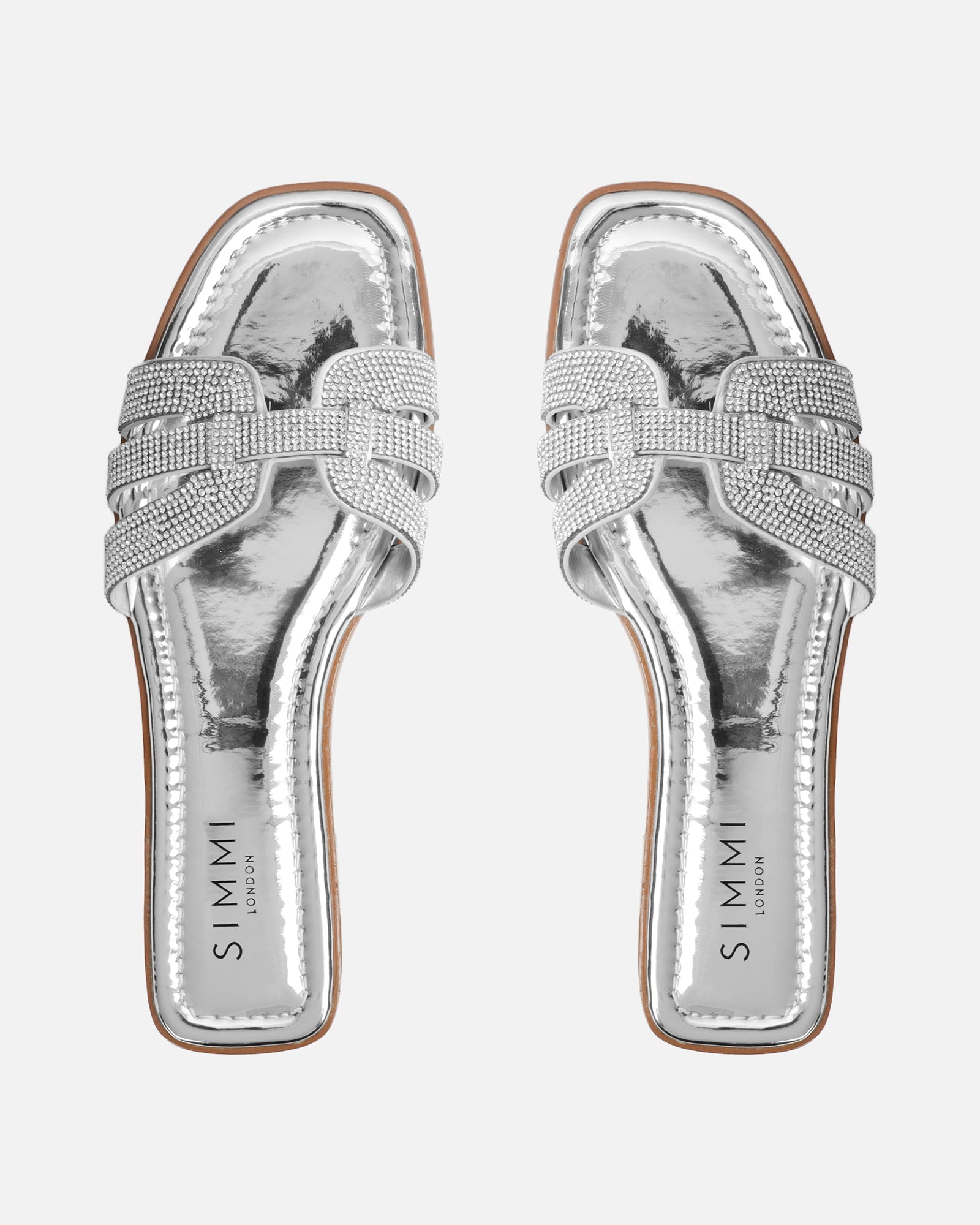 Jorji Silver Mirror Diamante Slip On Flat Sandals