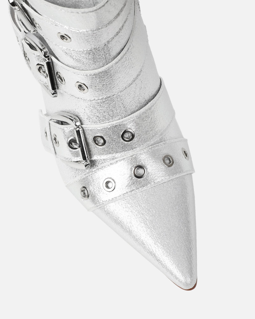 Lucian Silver Glitter Strappy Buckle Stiletto Boots