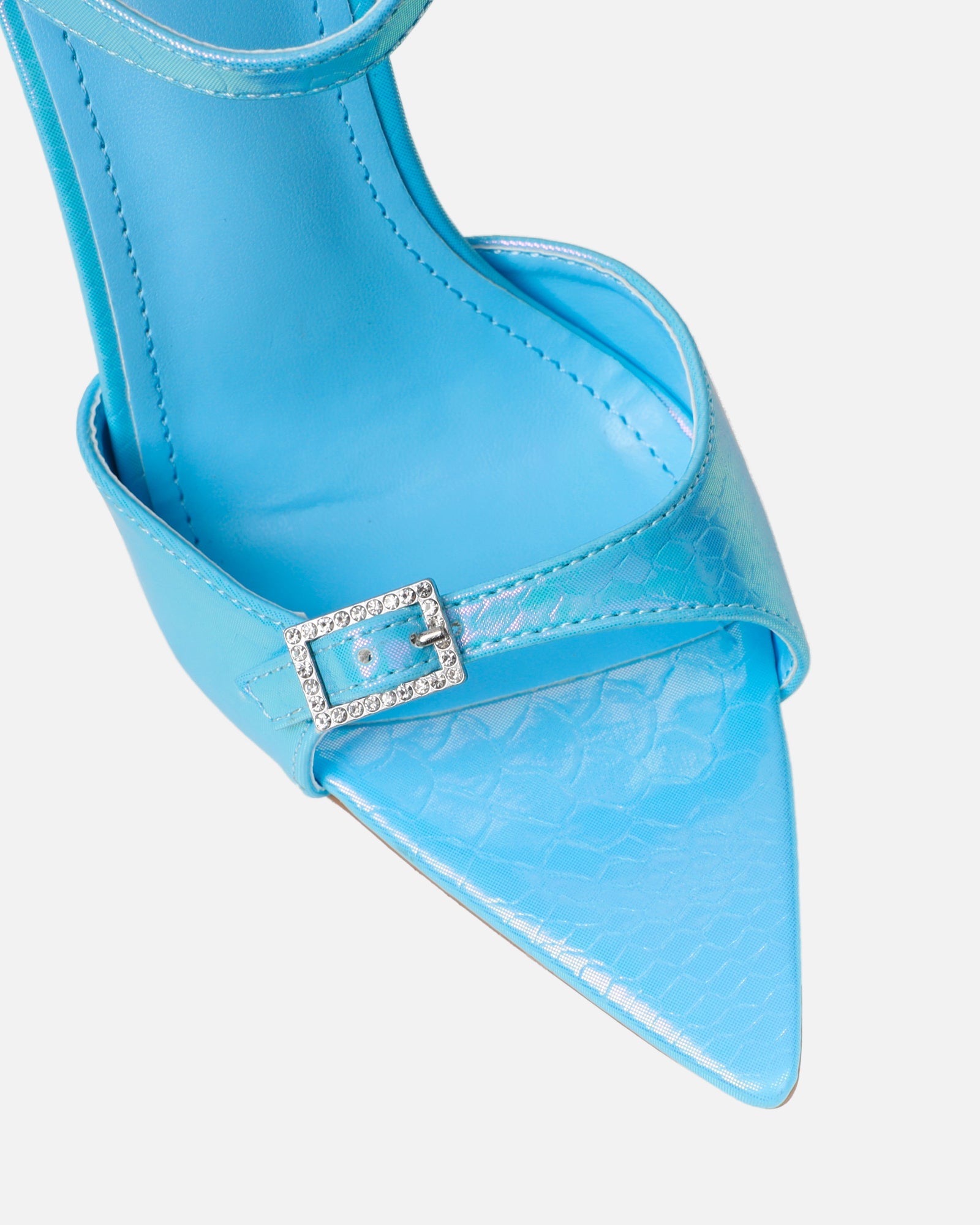Kameo Blue Faux Snake Effect Diamante Buckle Heels