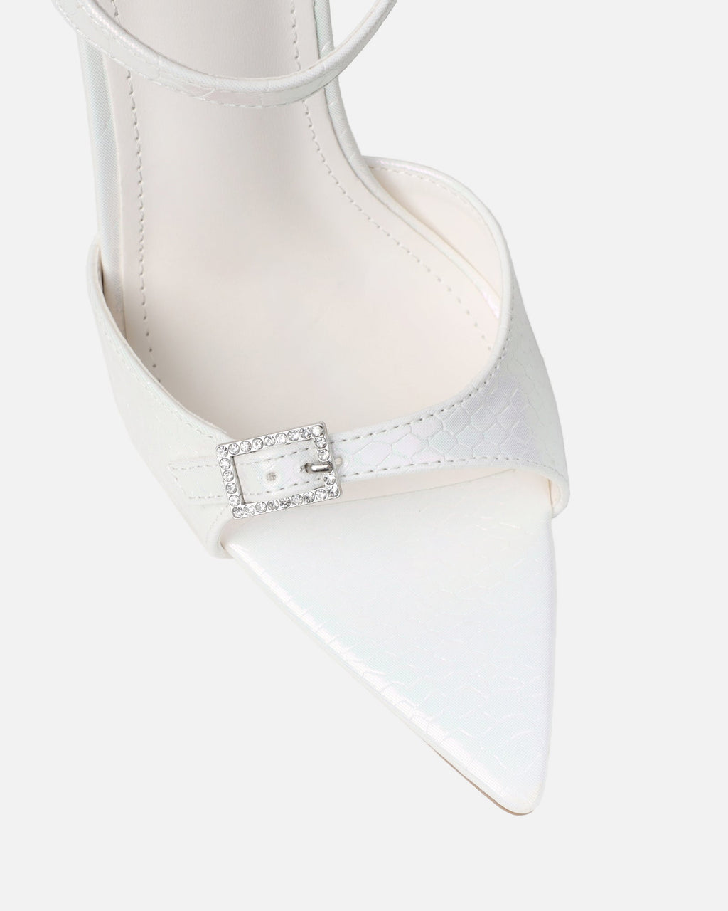 Kameo White Faux Snake Effect Diamante Buckle Heels