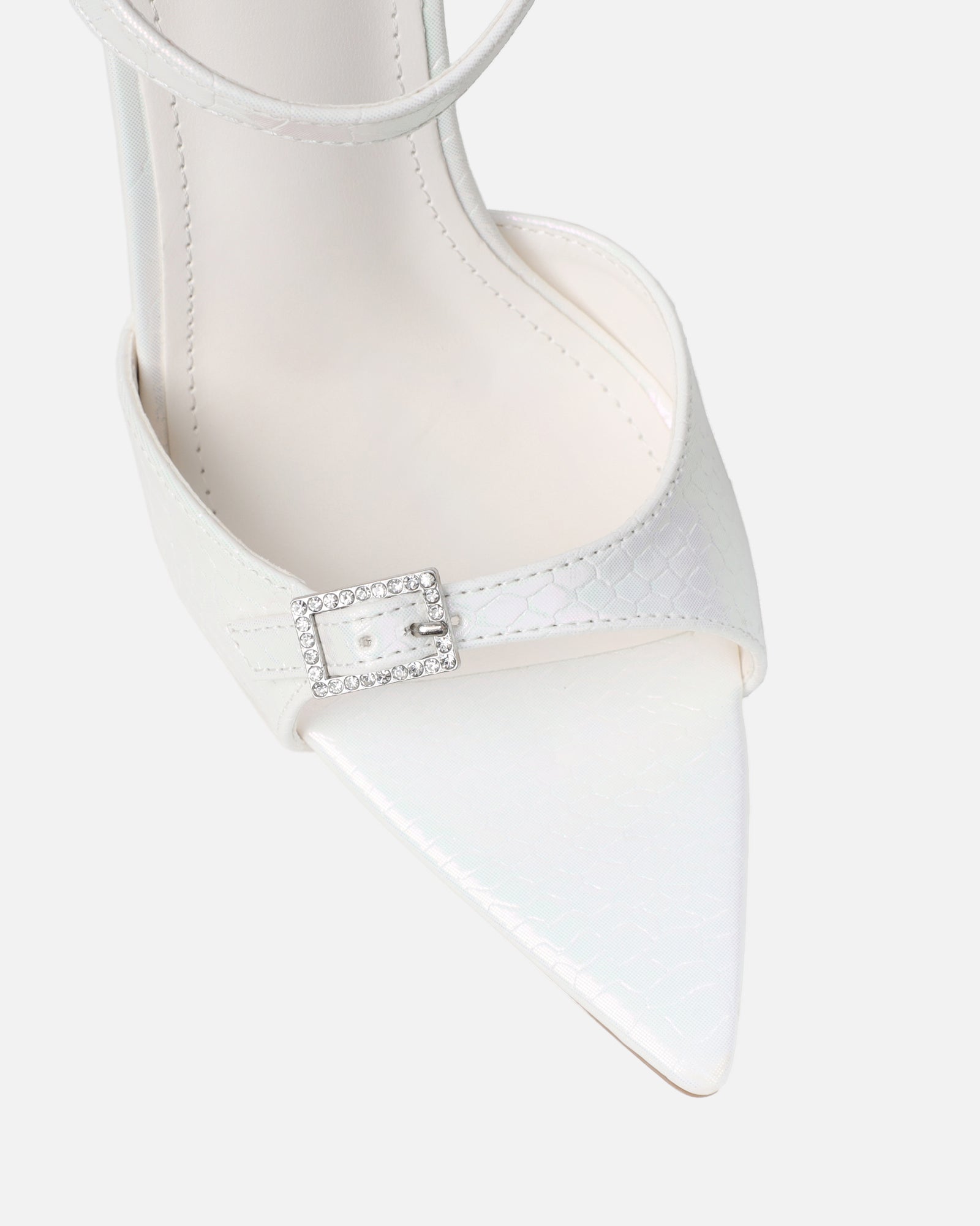 Kameo White Faux Snake Effect Diamante Buckle Heels