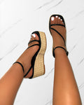Kerensa Black Faux Snake Print Strappy Espadrille Wedges