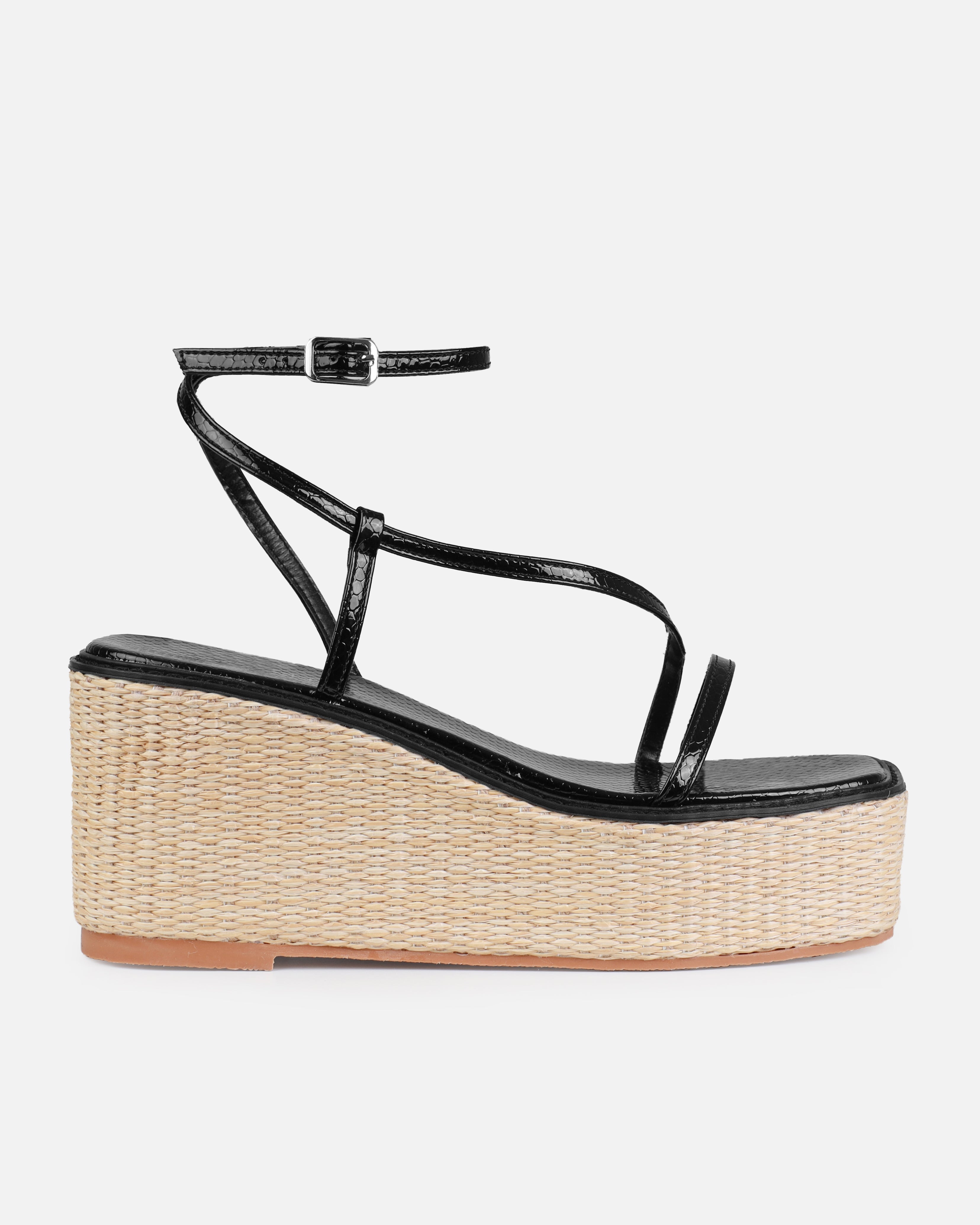 Kerensa Black Faux Snake Print Strappy Espadrille Wedges