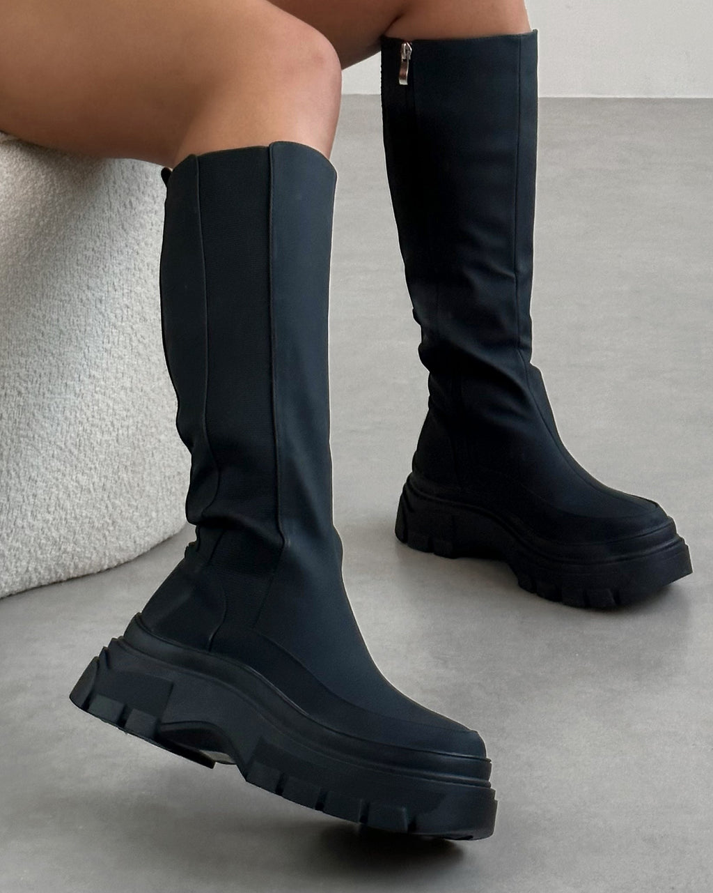Kruse Black Rubberised Flat Chunky Knee High Boots