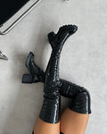 Lancelot Black Patent Mid Heeled Stretch Over The Knee Thigh High Boots