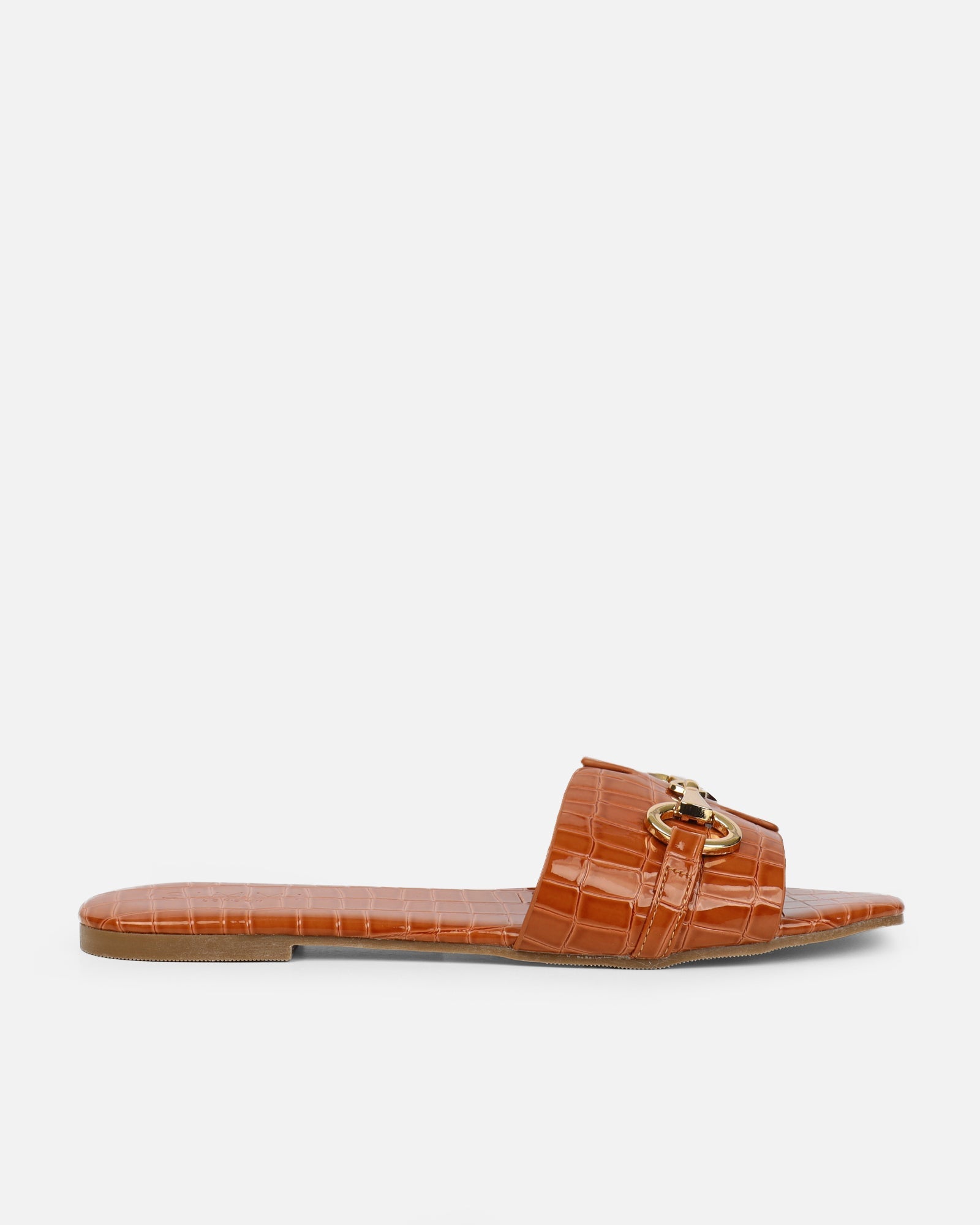 Lavinia Tan Croc Snaffle Trim Flat Sandals