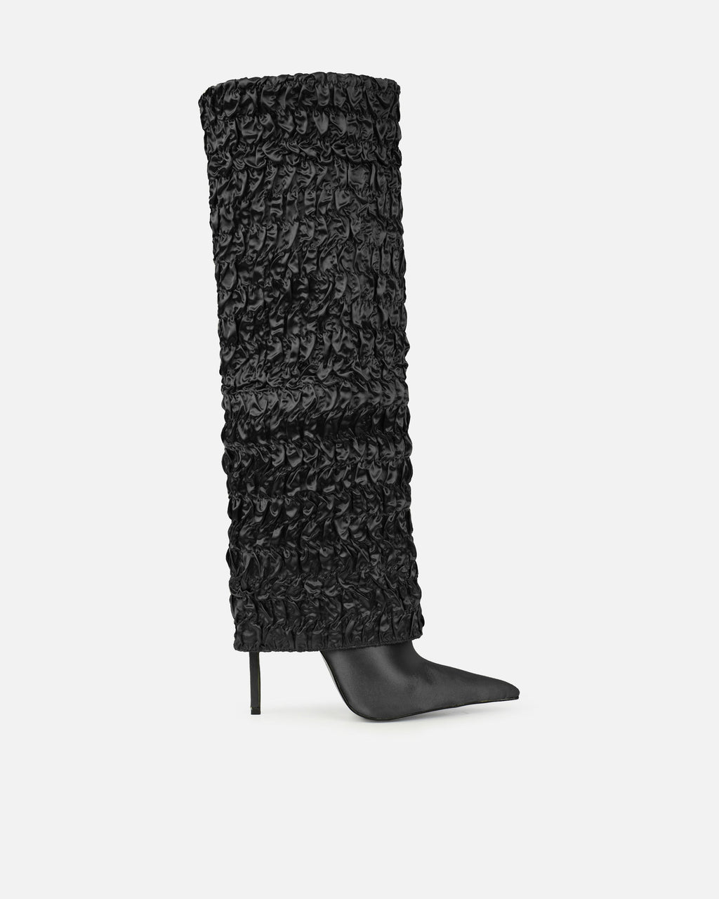 Harrie Black Satin Ruched Stiletto Knee High Boots