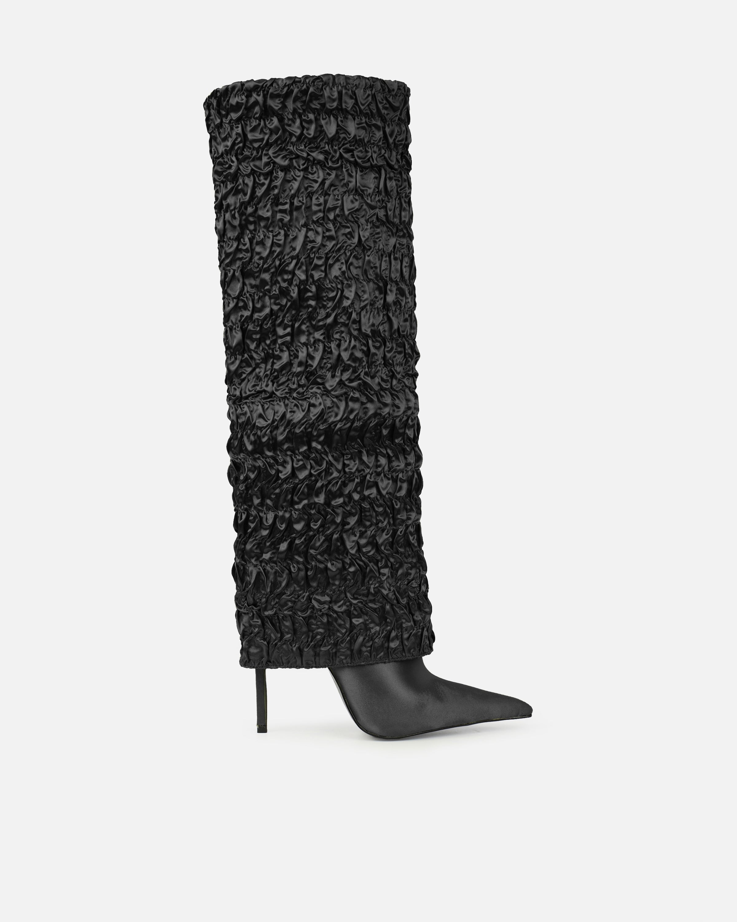 Harrie Black Satin Ruched Stiletto Knee High Boots