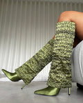 Harrie Olive Green Satin Ruched Stiletto Knee High Boots