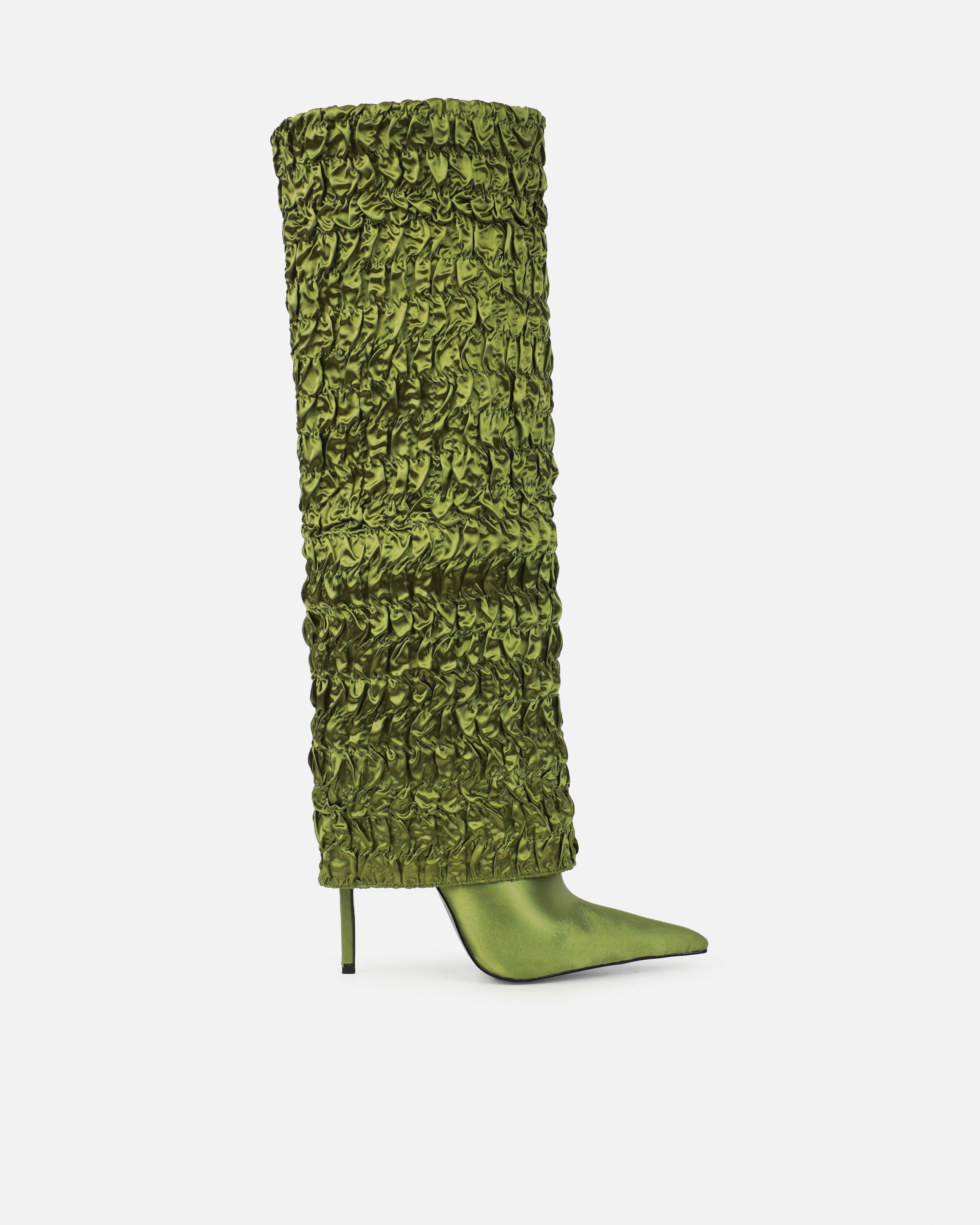 Harrie Olive Green Satin Ruched Stiletto Knee High Boots