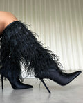 Marcos Black Satin Fluffy Stiletto Knee High Boots