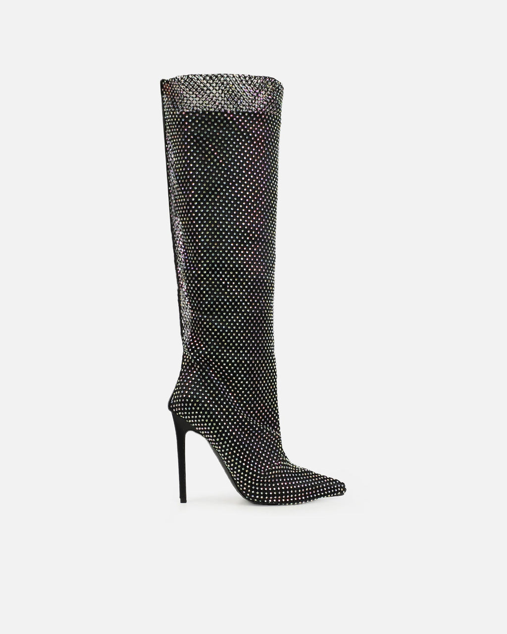 Murphy Black Satin Diamante Fishnet Knee High Boots