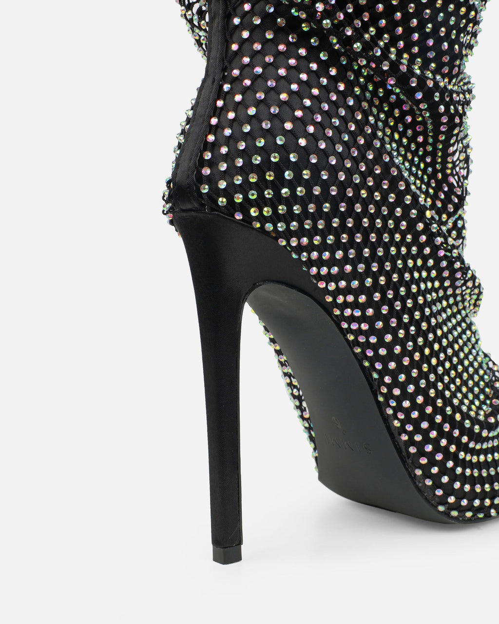 Murphy Black Satin Diamante Fishnet Knee High Boots