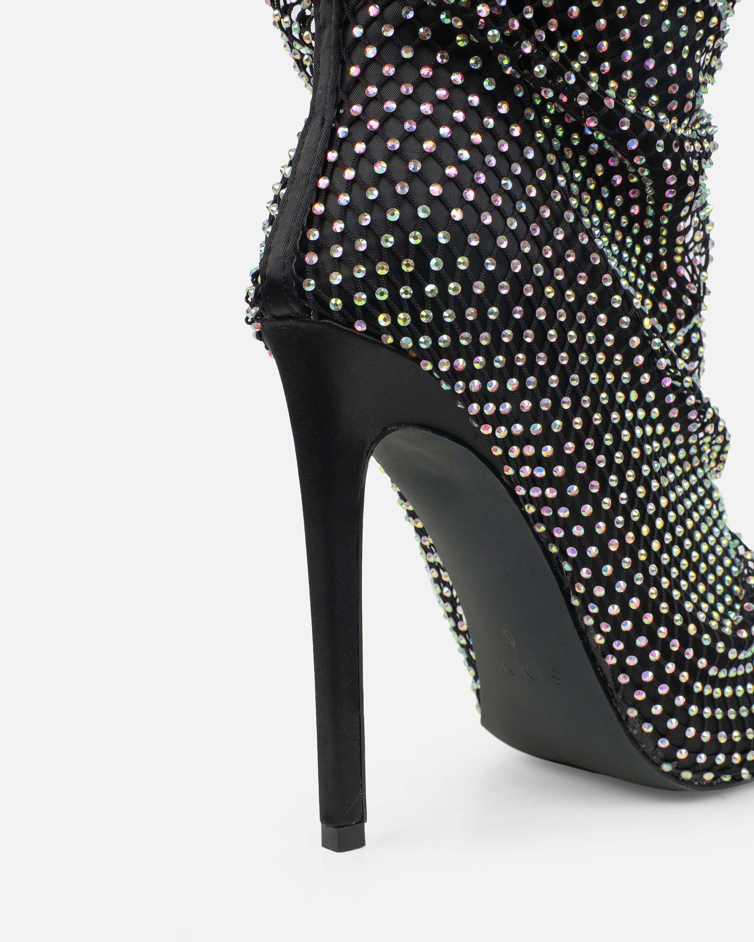 Murphy Black Satin Diamante Fishnet Knee High Boots