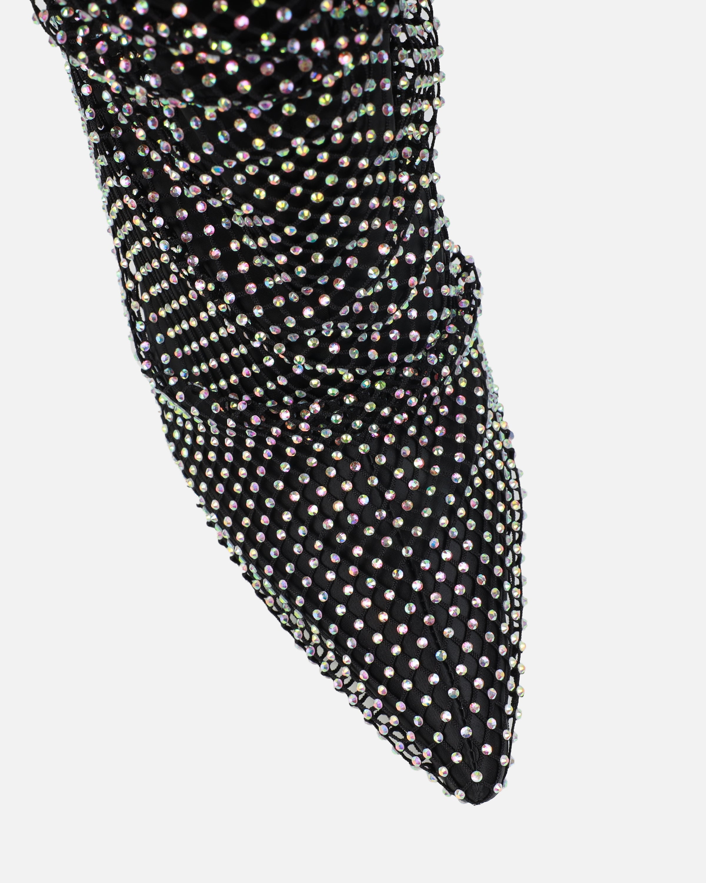 Murphy Black Satin Diamante Fishnet Knee High Boots