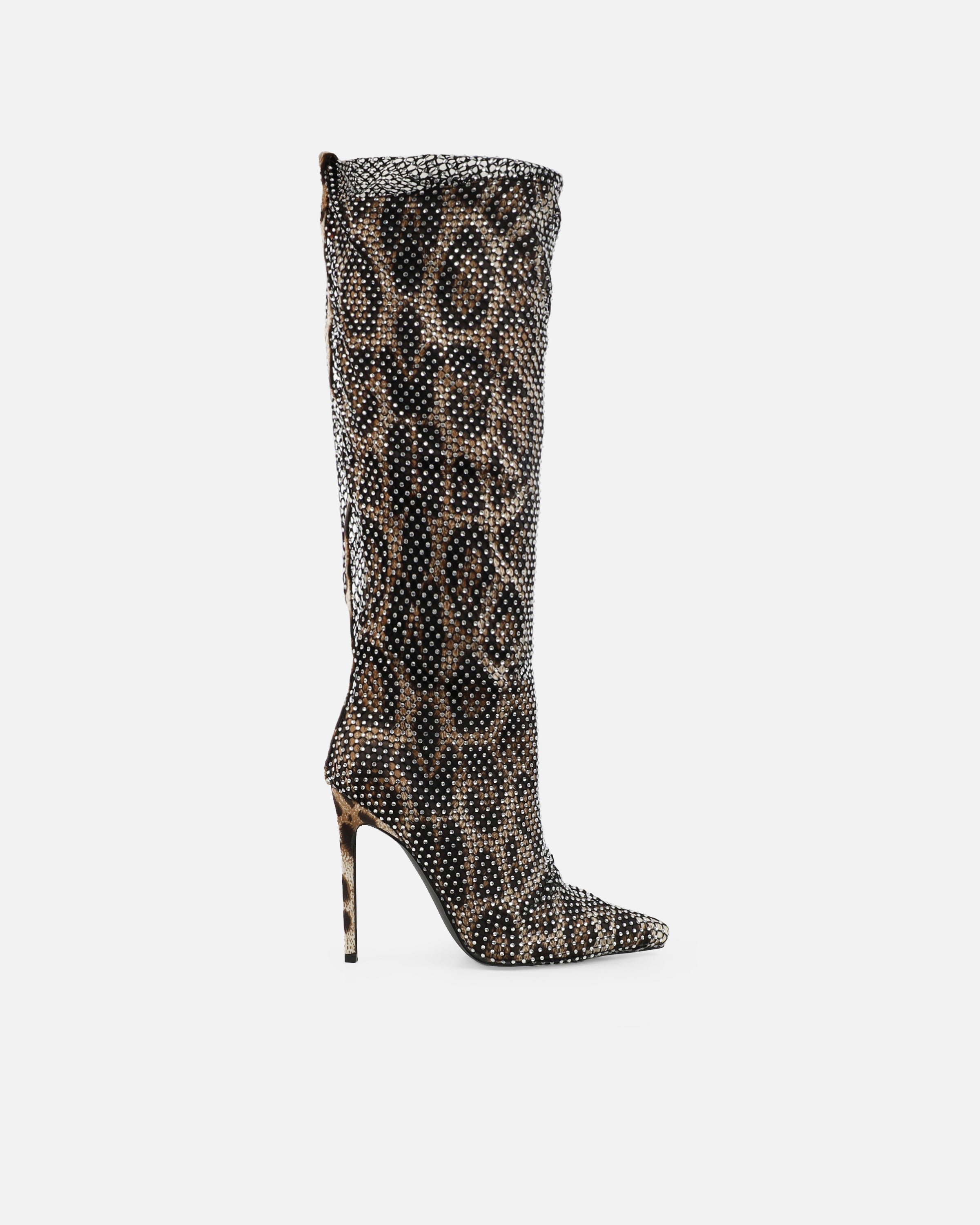 Murphy Faux Leopard Print Satin Diamante Fishnet Knee High Boots