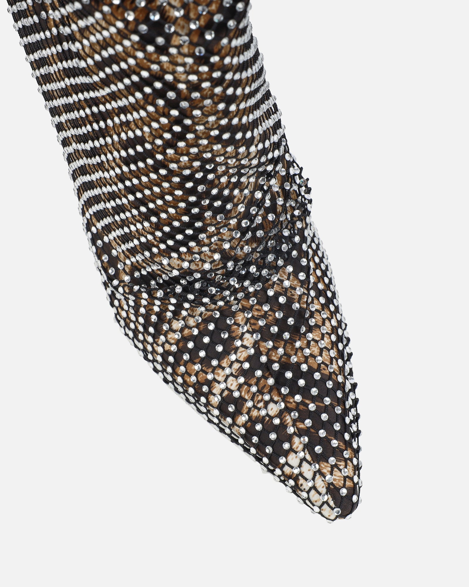 Murphy Faux Leopard Print Satin Diamante Fishnet Knee High Boots