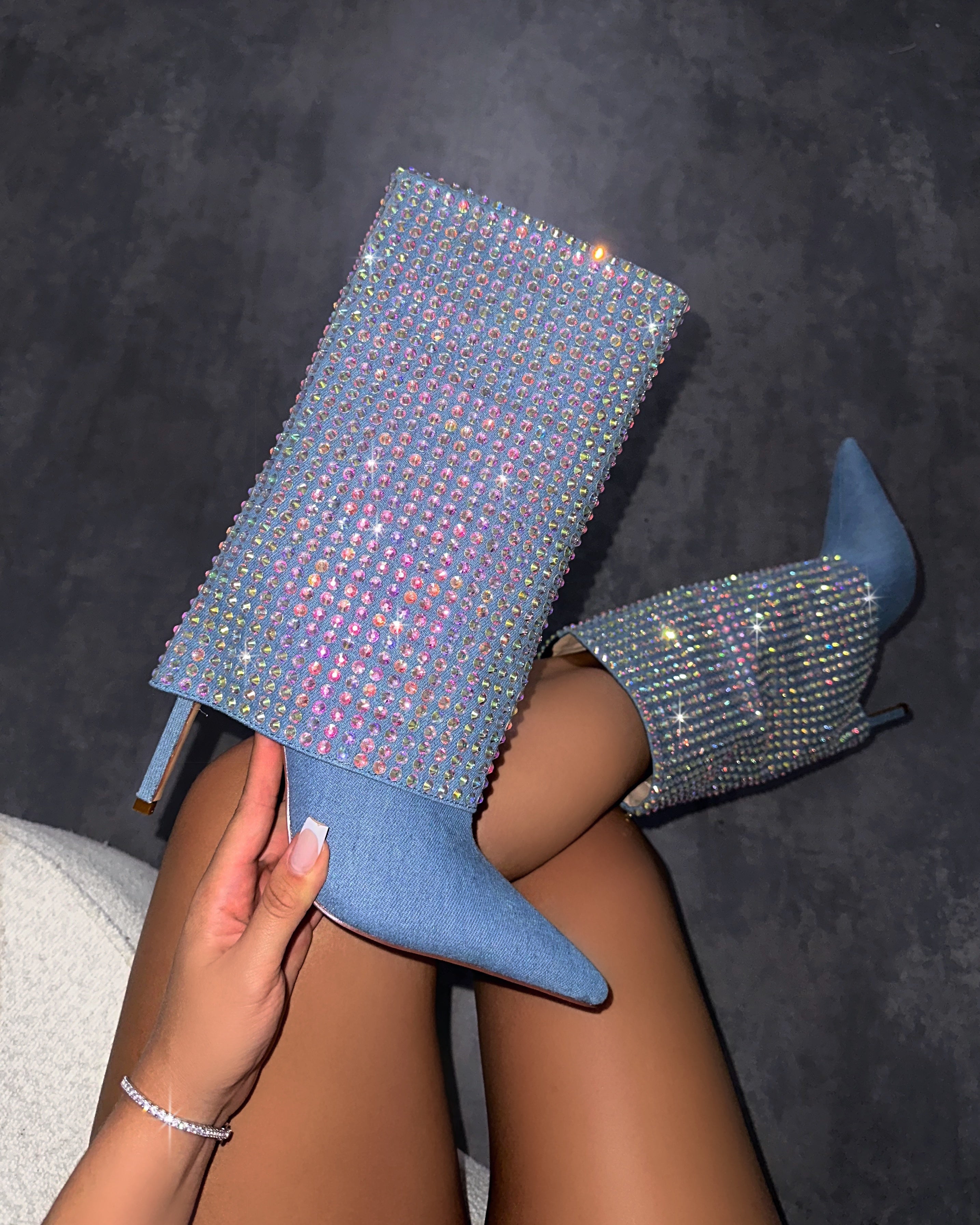 Lawler Blue Denim Diamante Fold Over Boots