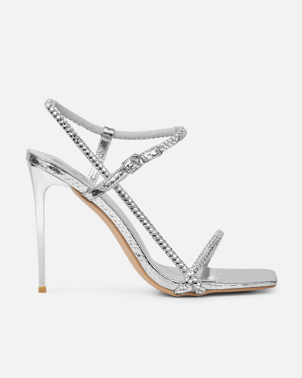 Darlina Silver Snake Diamante Heeled Sandals