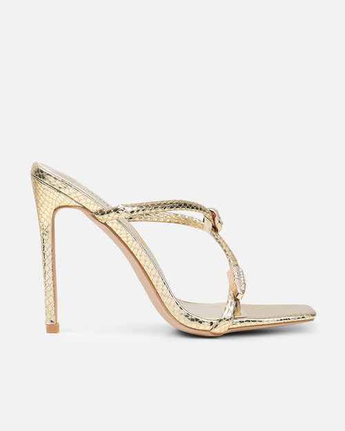 Zuleta Gold Snake Effect Stiletto Heeled Mules