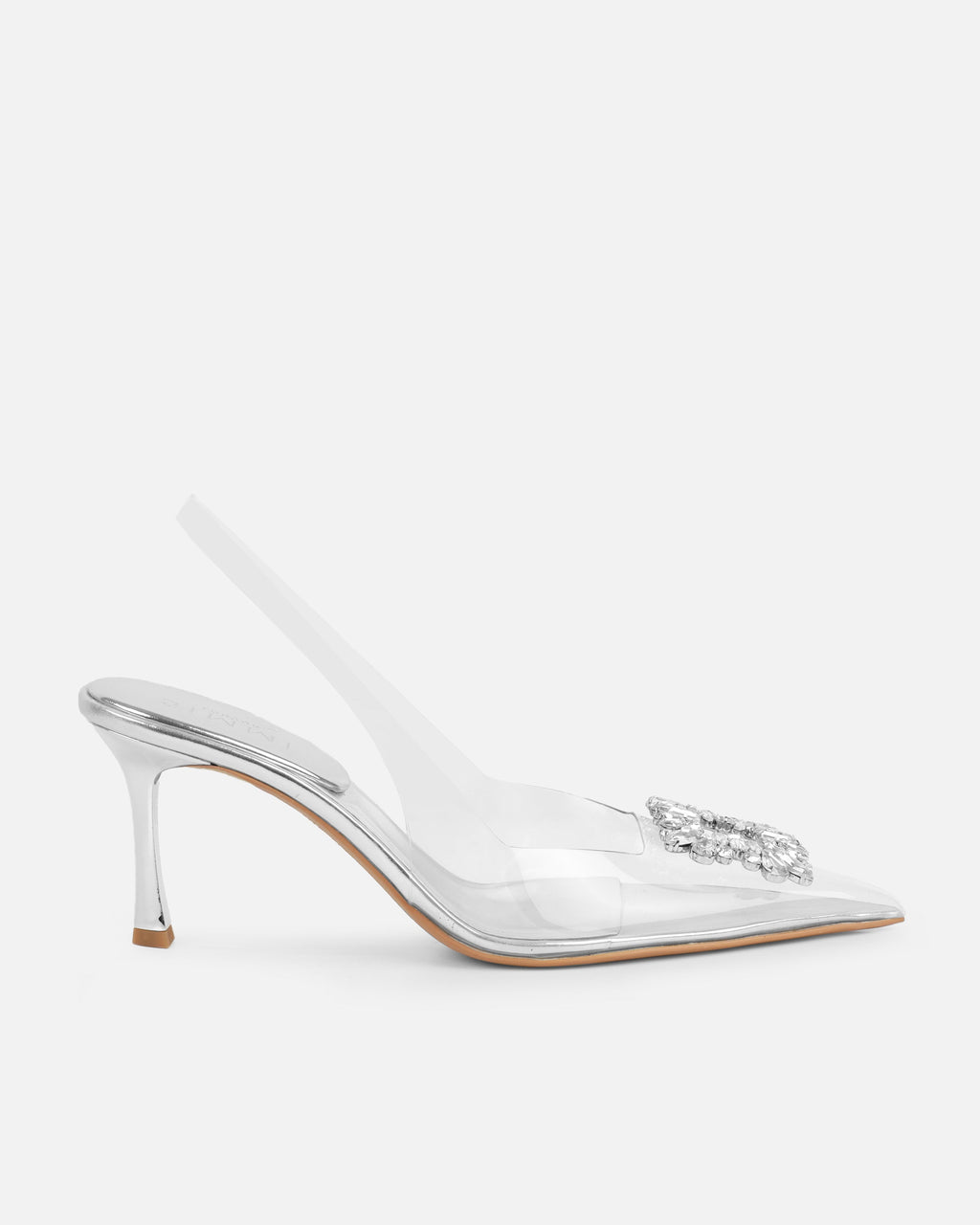 Laylin Clear Silver Mirror Diamante Sling Back Court Shoes