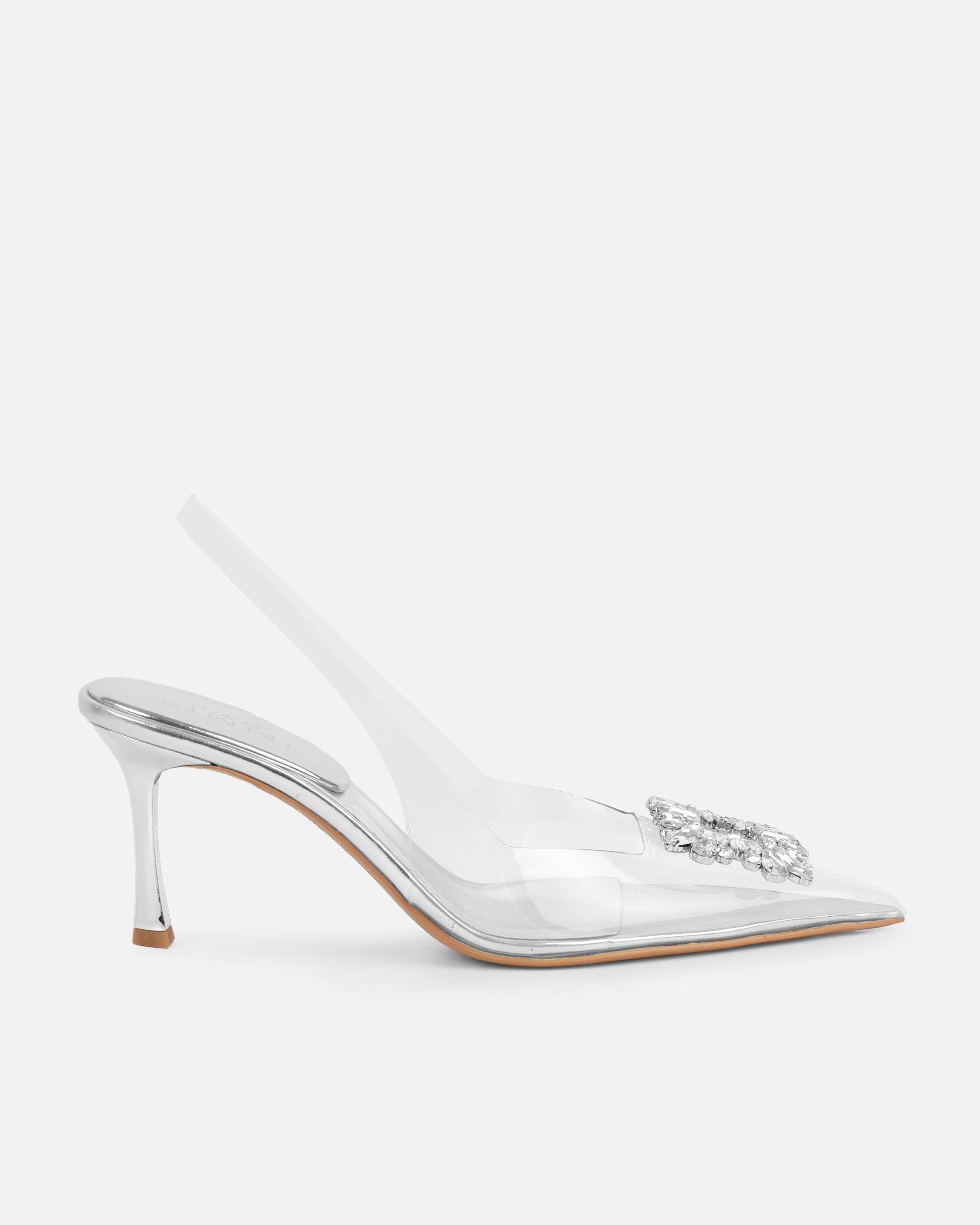 Laylin Clear Silver Mirror Diamante Sling Back Court Shoes