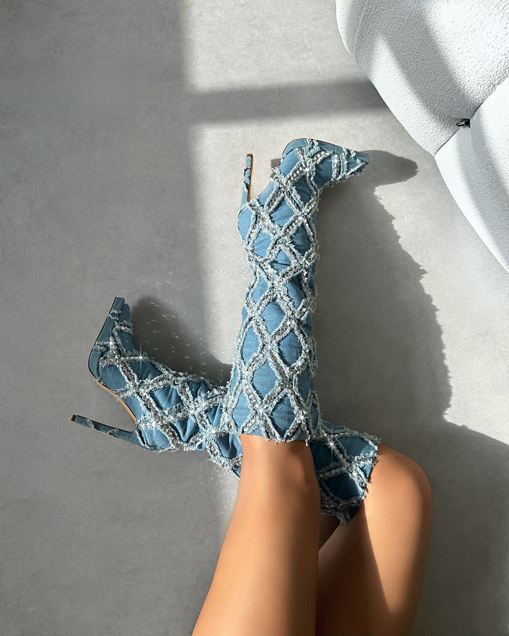 Bobby Denim Blue Diamante Knee High Boots