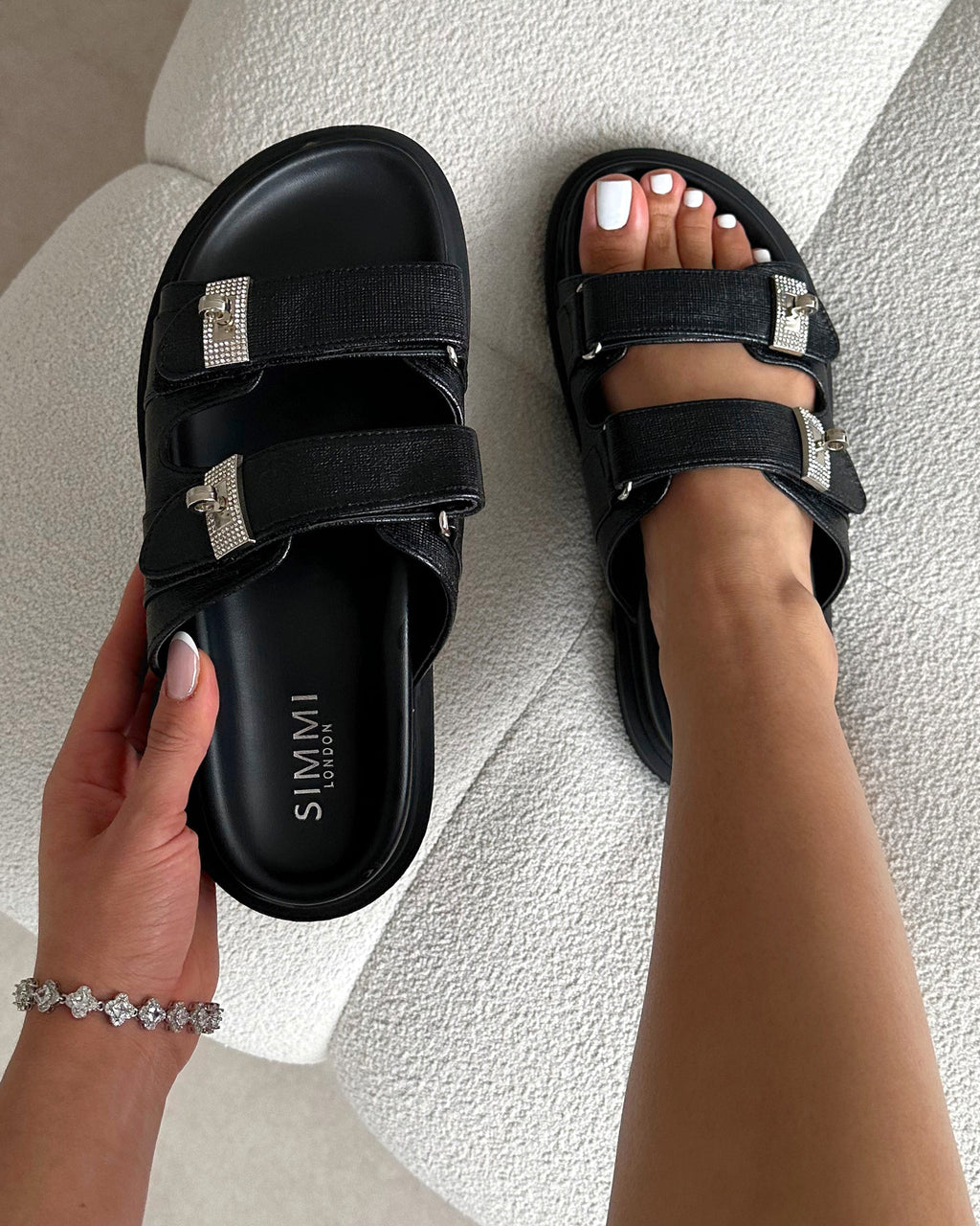 Liaa Black Diamante Buckle Textured Slider Sandals