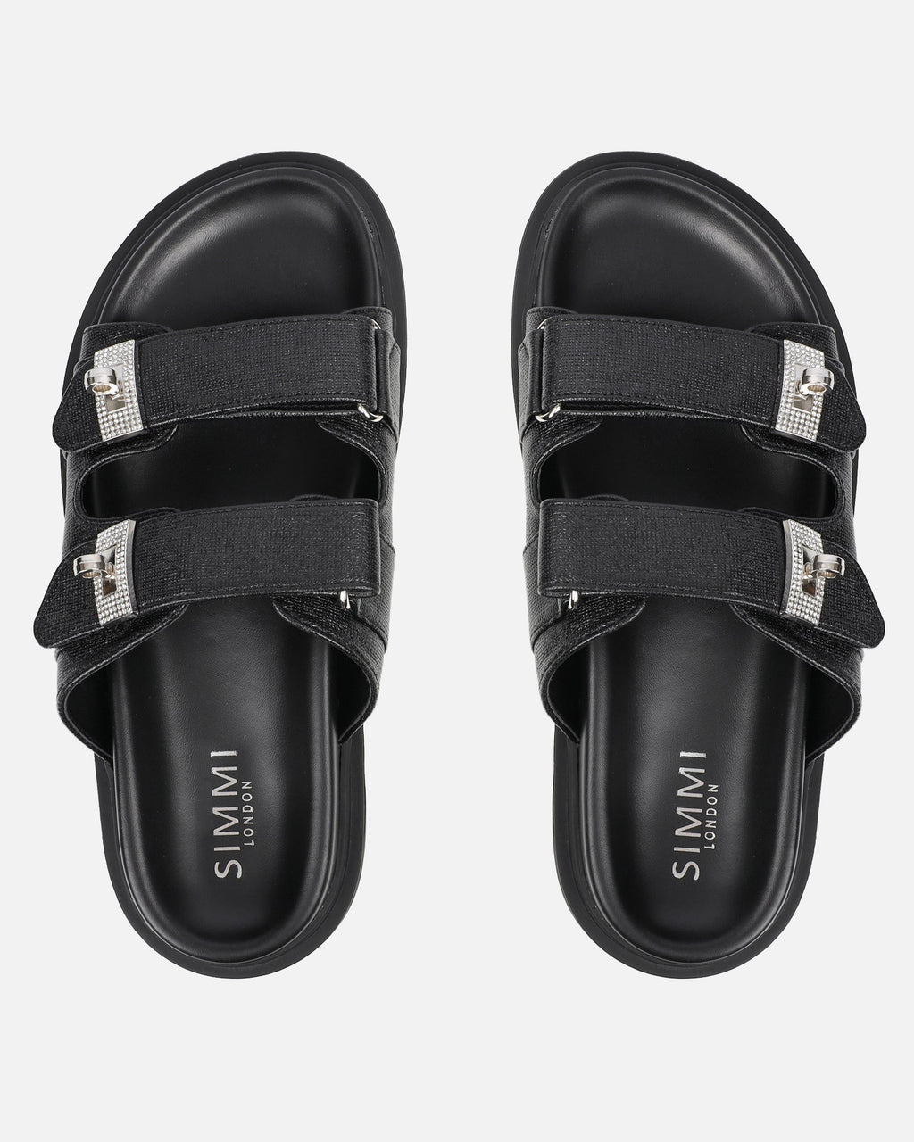 Liaa Black Diamante Buckle Textured Slider Sandals