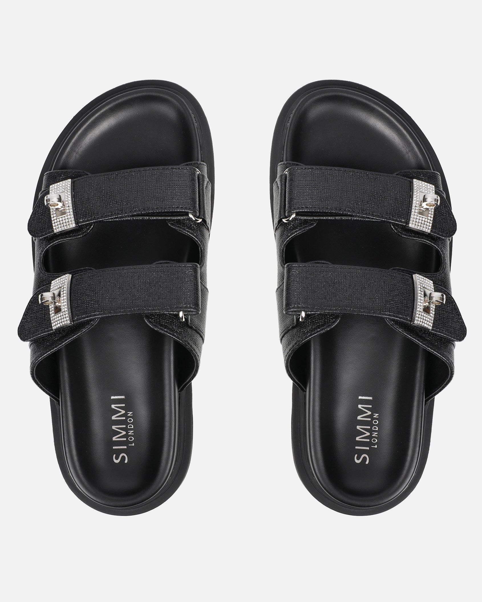 Liaa Black Diamante Buckle Textured Slider Sandals