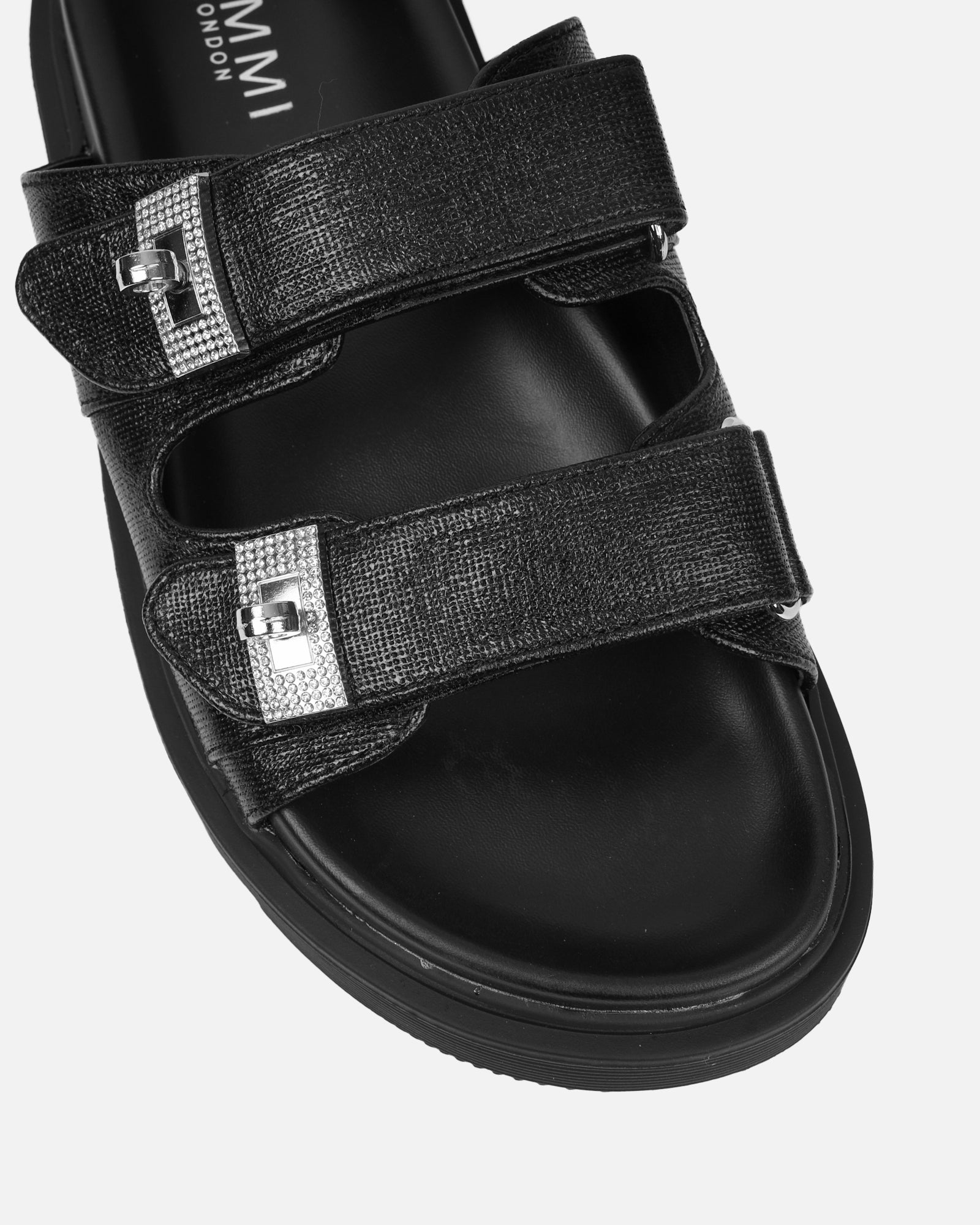 Liaa Black Diamante Buckle Textured Slider Sandals