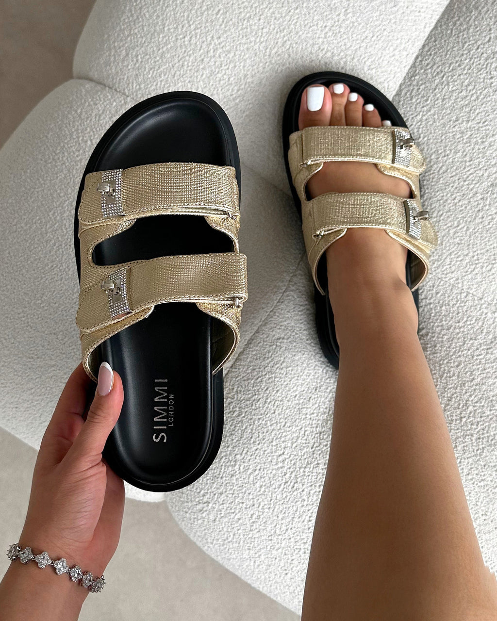 Liaa Gold Diamante Buckle Textured Slider Sandals